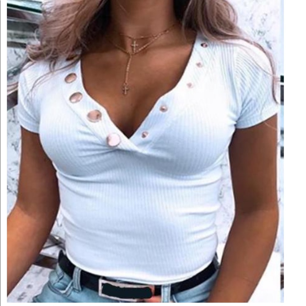 V-Neck Buttoned Design Ribbed T-Shirt XL